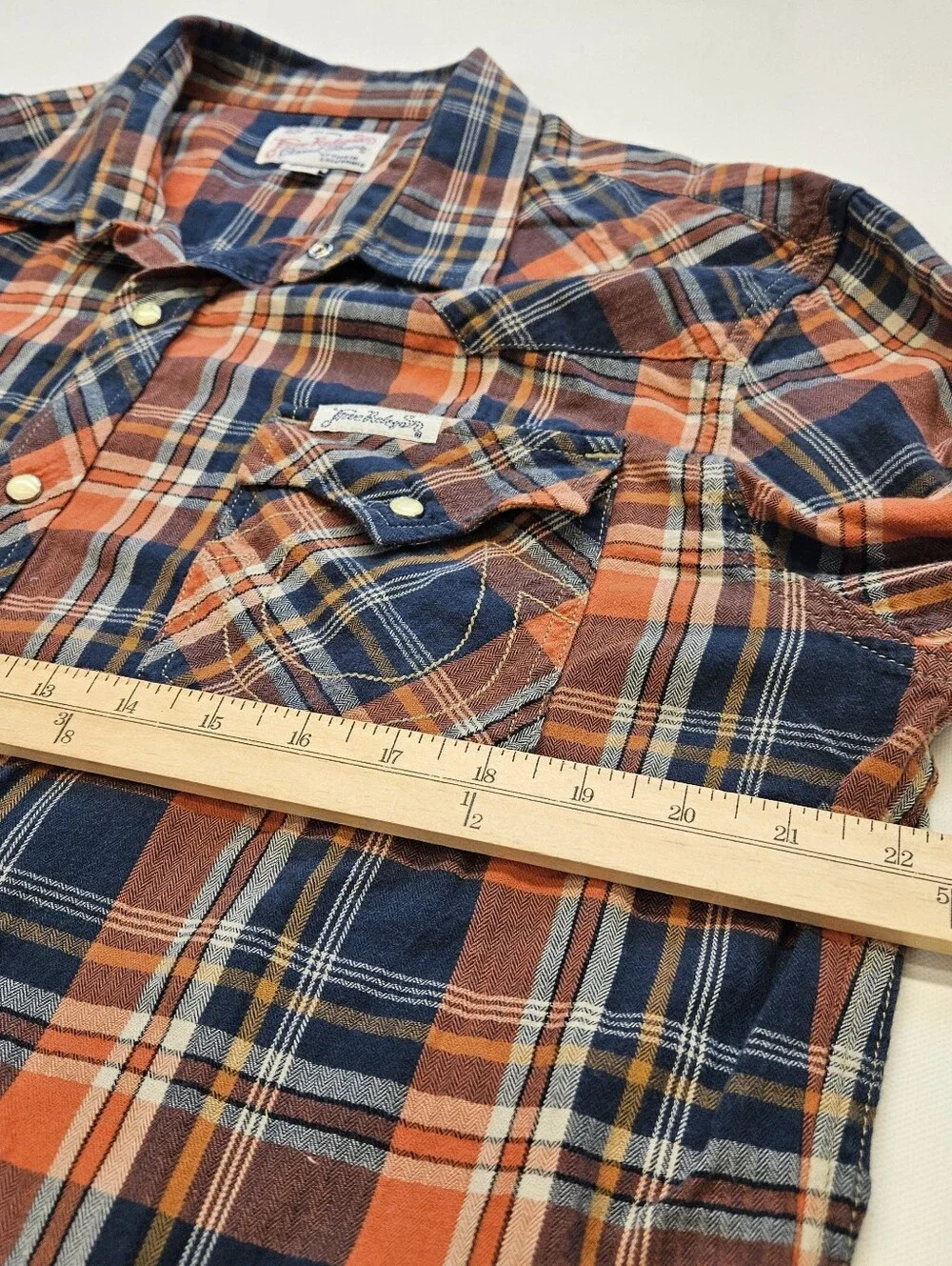 True Religion Long Sleeve Plaid Pearl Snap Western orange & navy blue plaid 3XL
